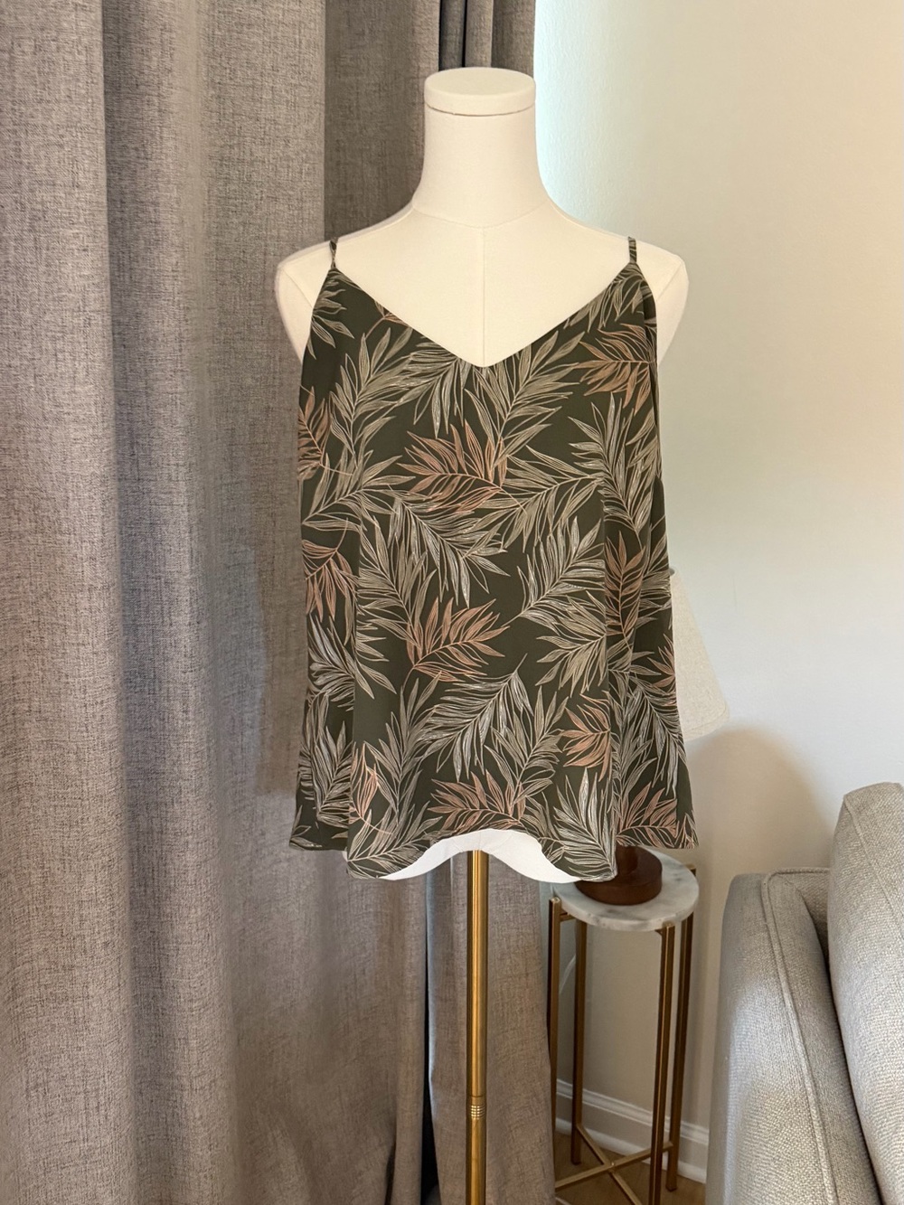 A New Day Olive Palm-Print Cami with Tan Leaves